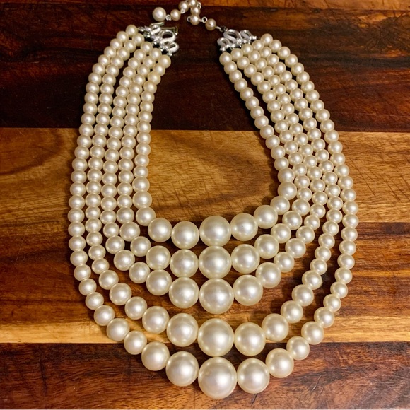 Vintage 5 Strand Multi Strand Graduated Faux Pearl Collar Necklace - Picture 5 of 12